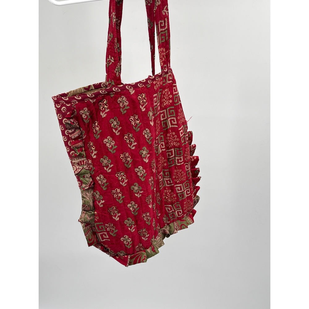 Red Quilted 100% Silk Ruffle Tote Bag Bohemian Floral Gold Paisley Shoulder Bag